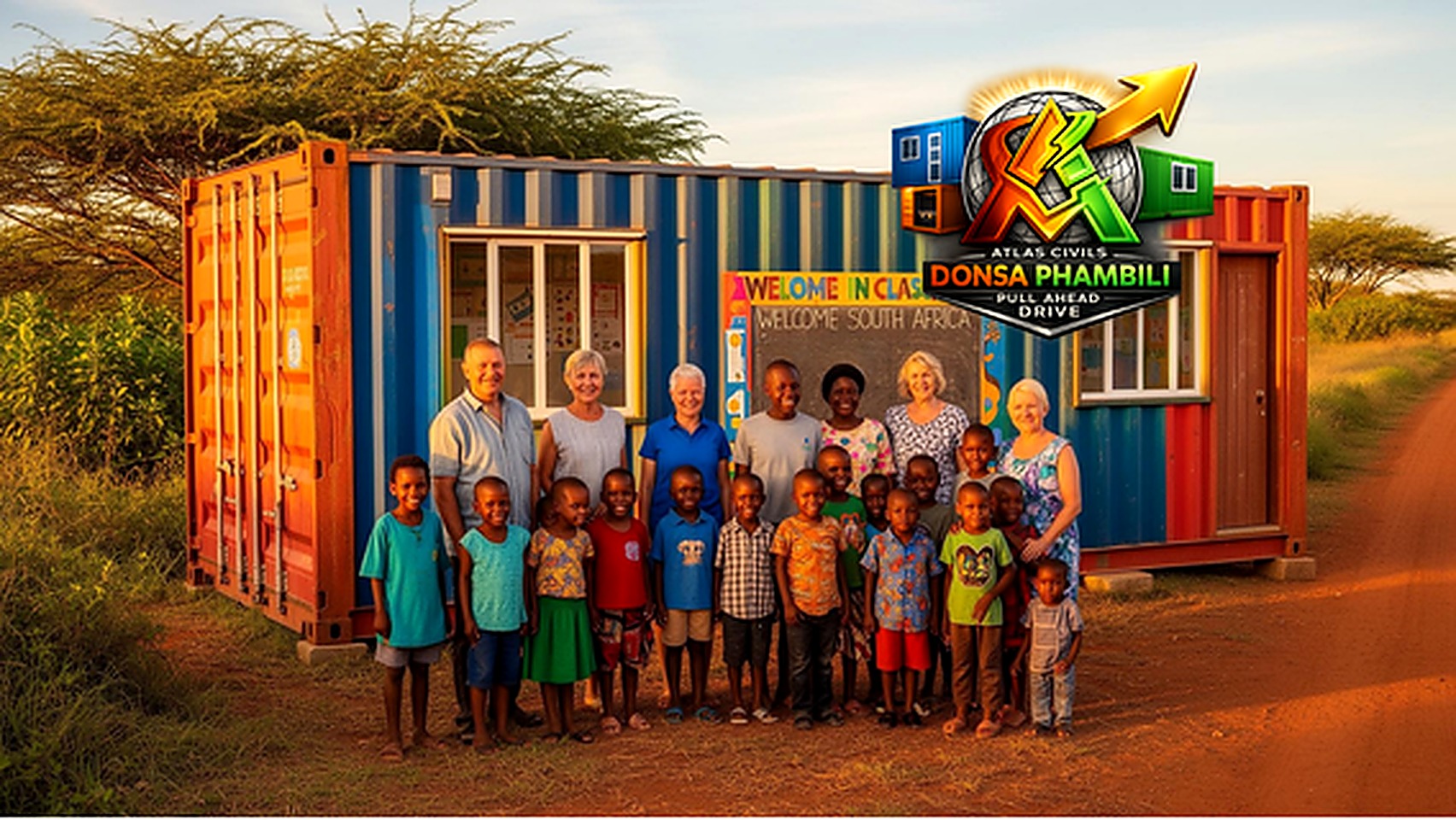 Community members gathered in front of a colourful Donsa Phambili shipping container