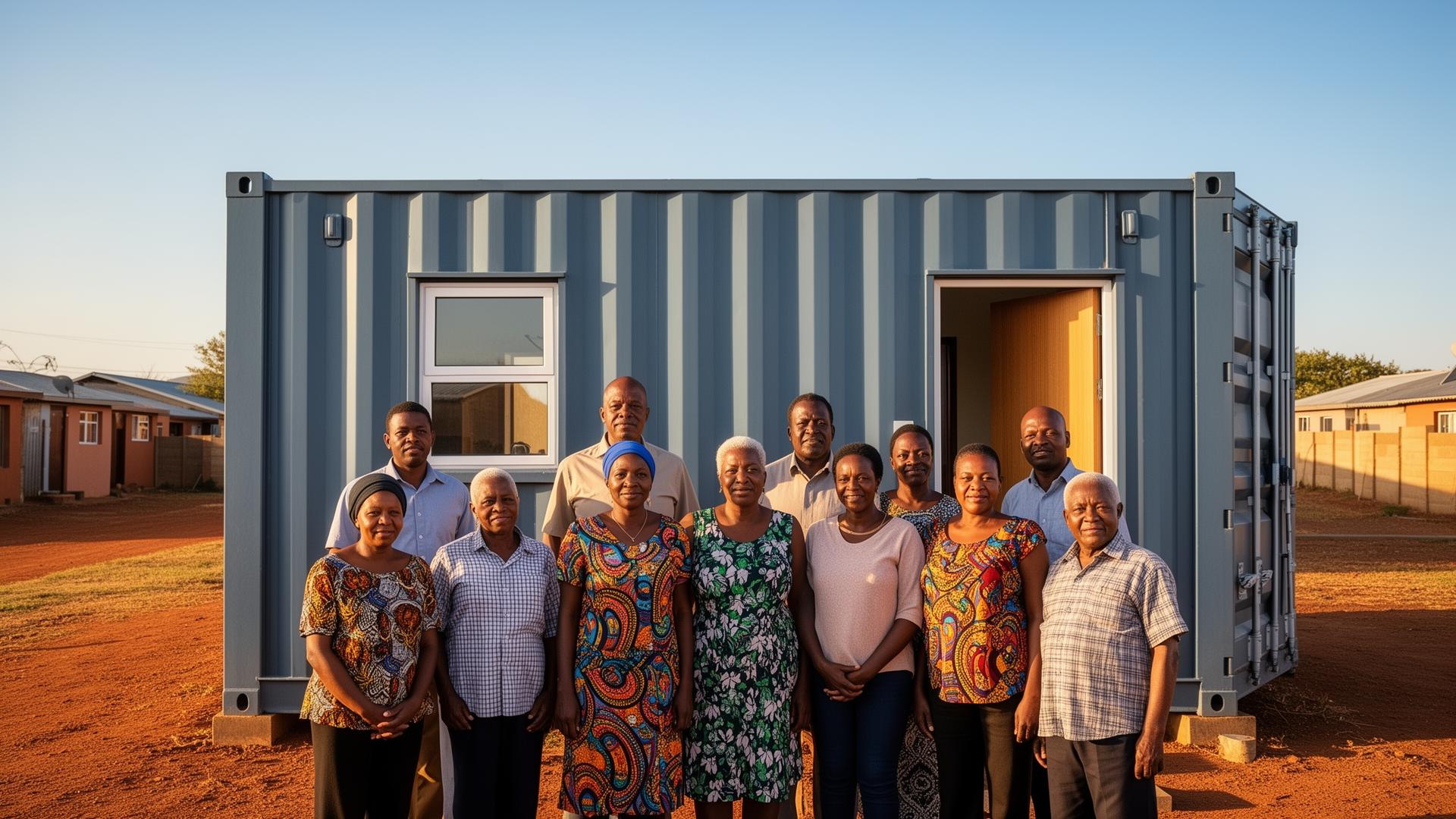 South African community standing together in front of a 20ft shipping container home
